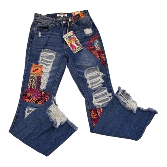 Boho vintage medium wash patchwork ultra distressed frayed hem jeans size 11 new - Picture 1 of 6